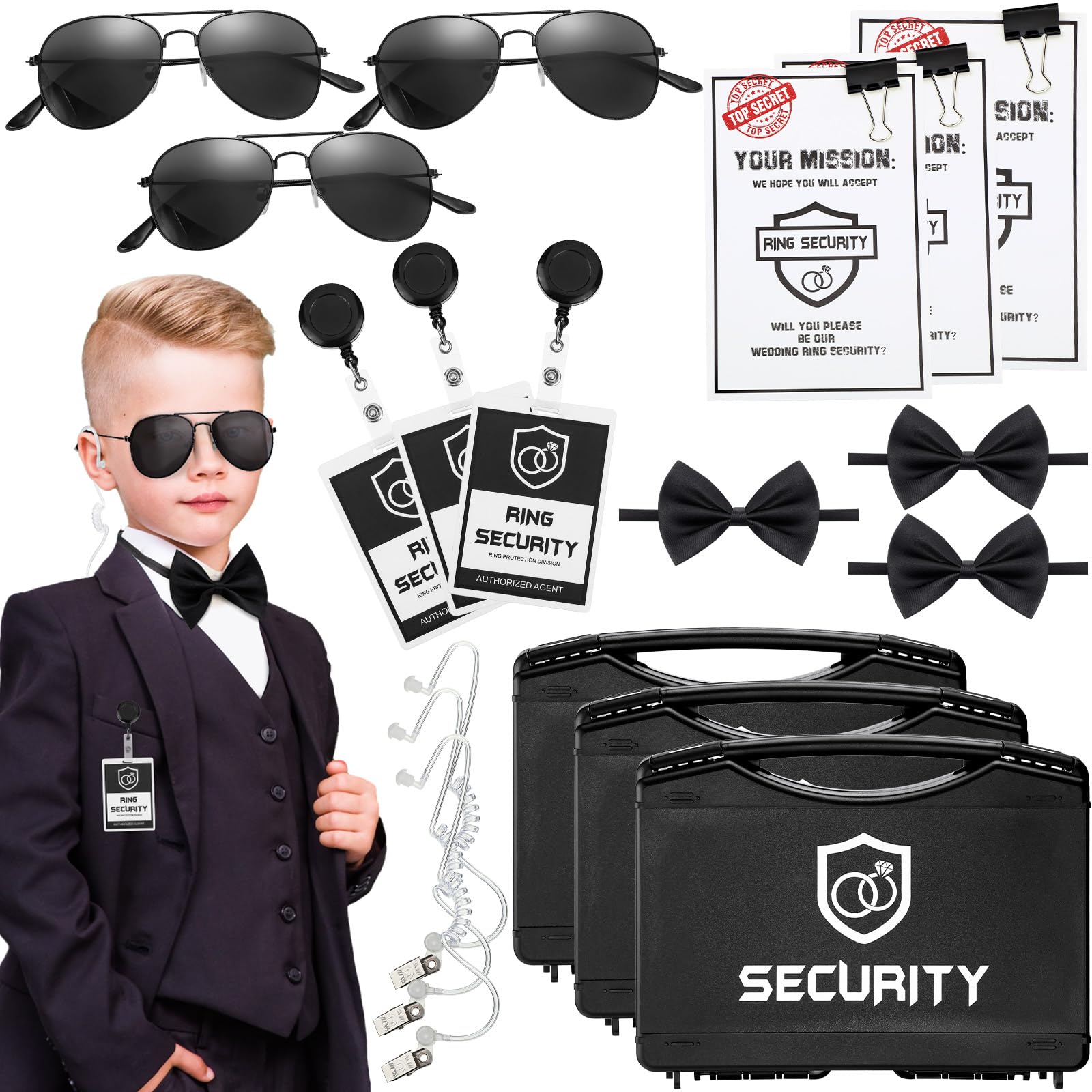 Mepase 21 Pcs Ring Wedding Bearer Security Set Include Ring Bearer Box ID Badge Holder Sunglass Acoustic Earpiece Tube Mission C