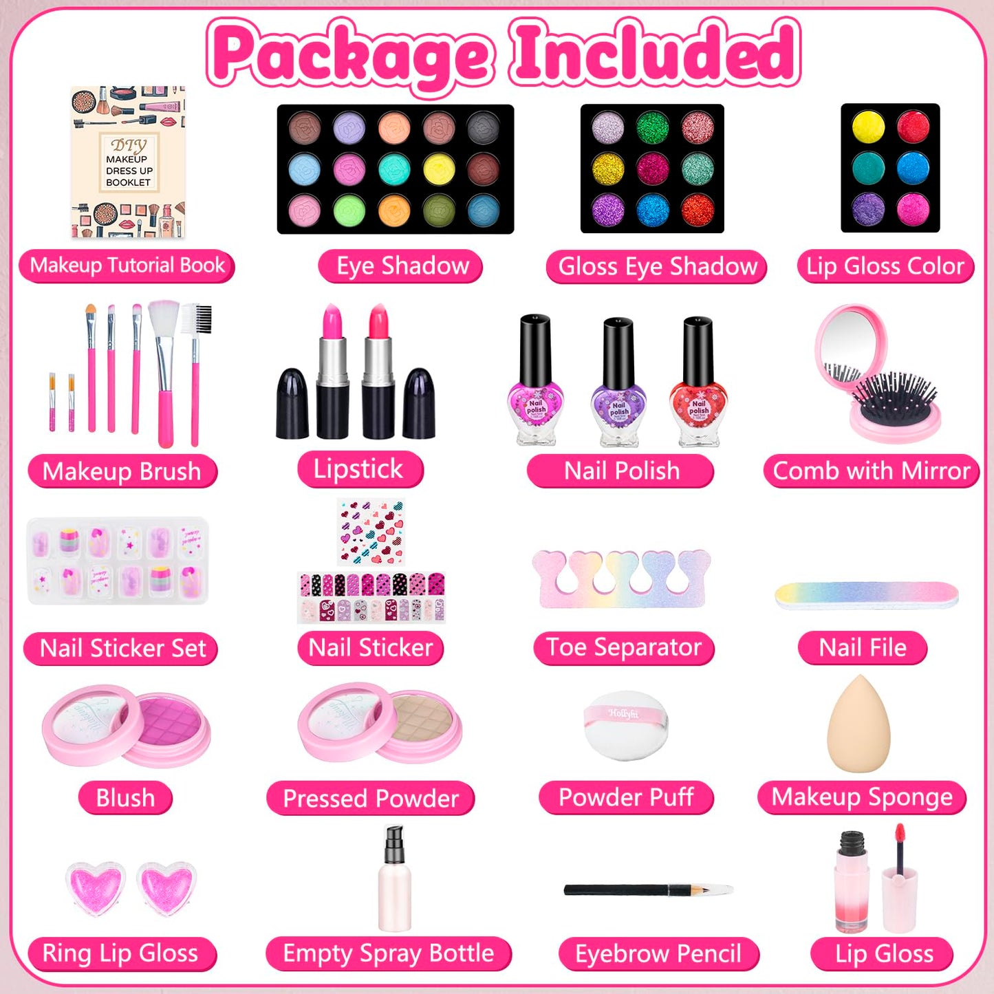 Hollyhi Kids Makeup Kit - 59 Pcs Washable Play Makeup Set, Pink Cosmetic Case for Girls Ages 3-12, Pretend Beauty Vanity Toys