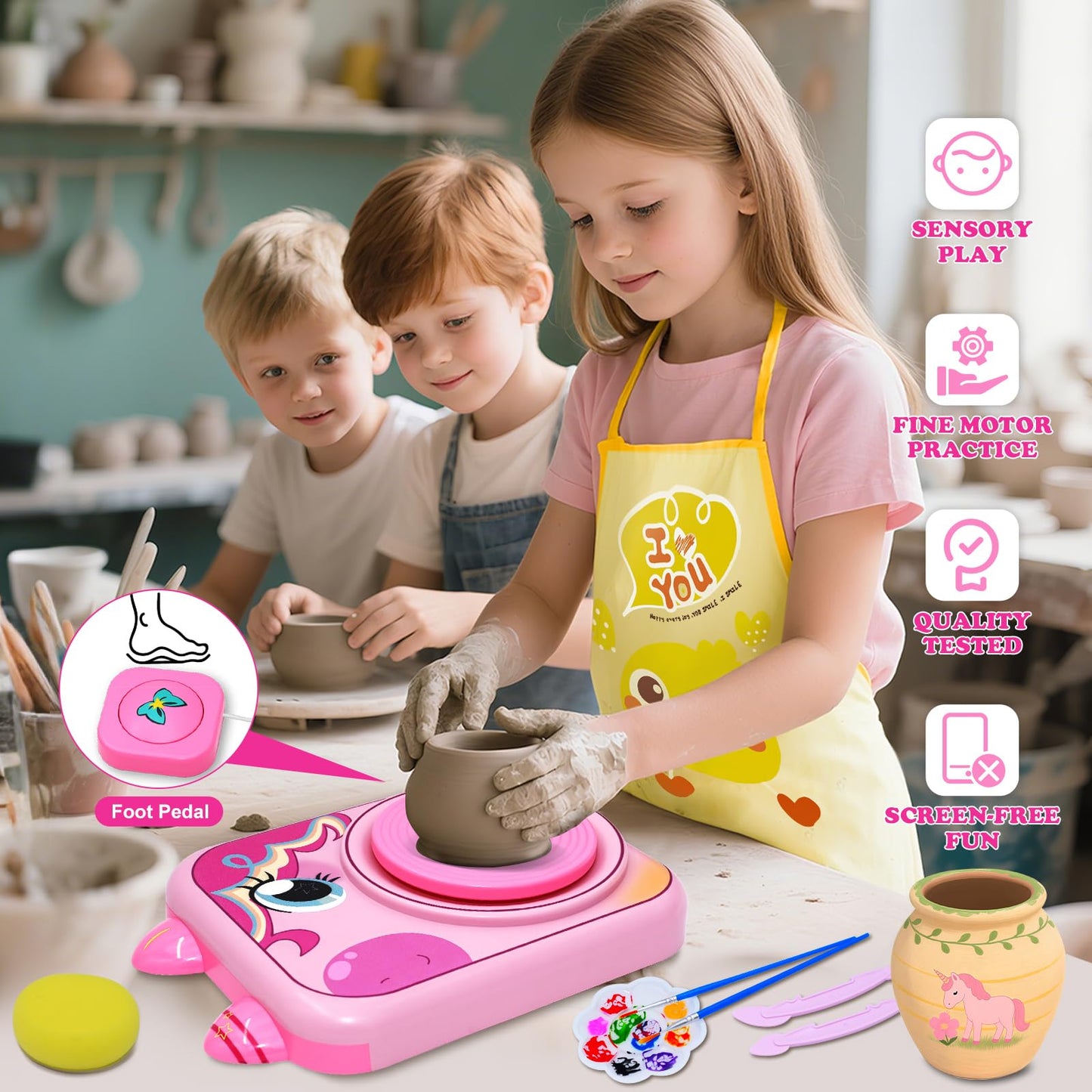 craftodo Pottery Wheel for Kids, Pink, 3.34x12.79x8.83 inches, Plastic, Ages 8-12, Includes 3 Pack Air-Dry Clay,