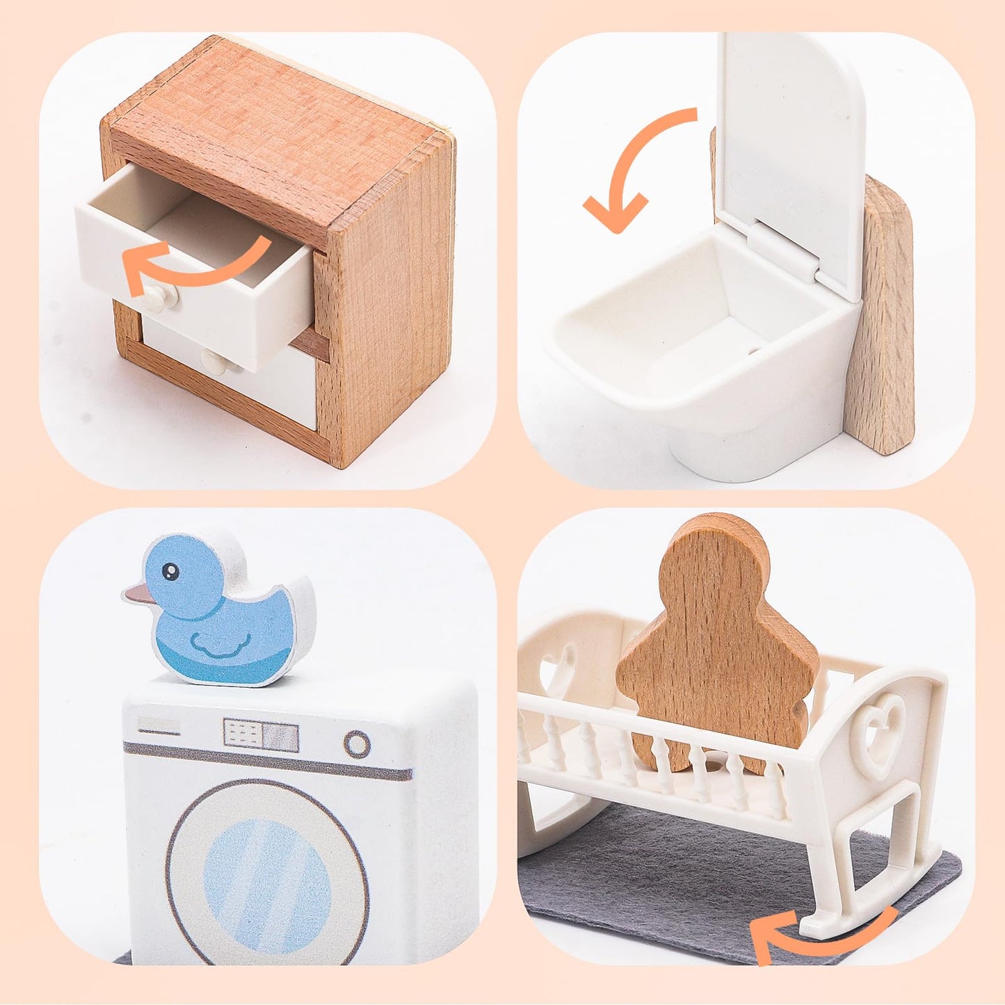 HAPGFS Wooden Dollhouse Furniture Set Elegant Kids Room & Bathroom Doll House Accessories  enhanced Wood Toys for 3-6 Year Olds  Dollhouse Decor Set for Girls & Boys Birthday Christmas