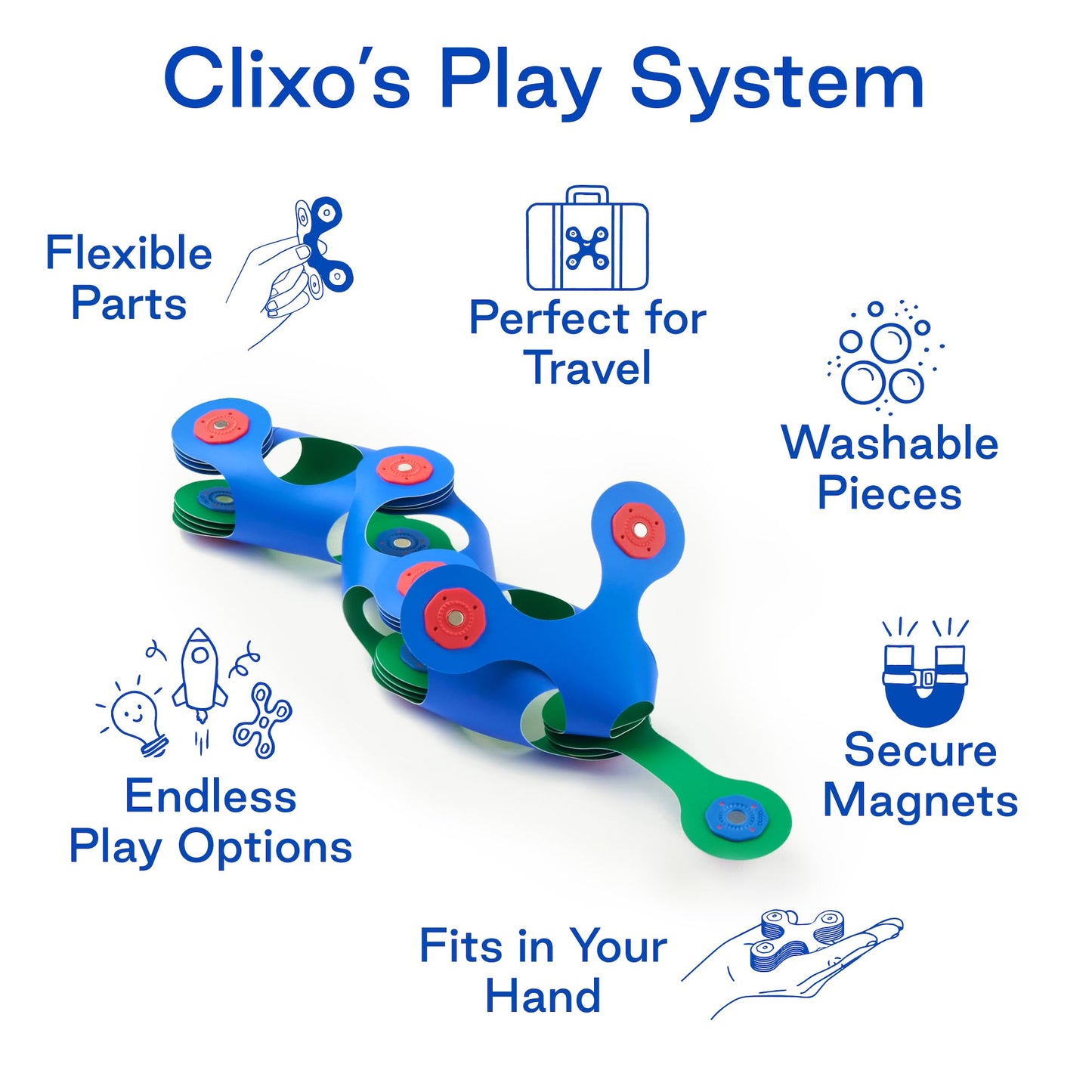 Clixo Itsy Magnetic Toy For Kids - Flexible, Durable, Imagination-Boosting Magnet Building Toy. Educational Multi-Sensory Stem Experience. Great As A Travel Game. Ages 4-99. 18 Piece Pack