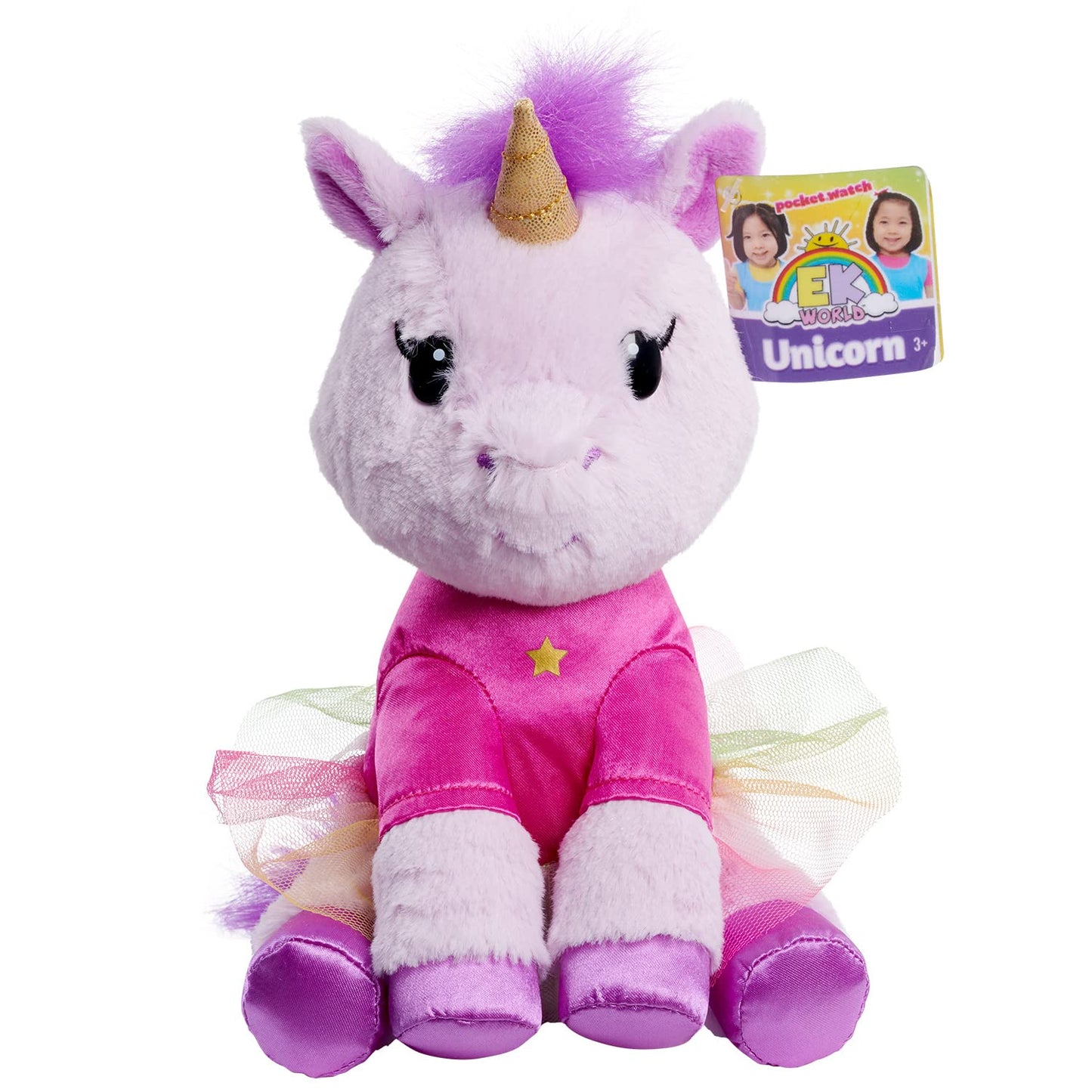 Just Play Ek World 7-Inch Small Unicorn Plush Stuffed Animal, Pink Star Shirt And Rainbow Skirt, Soft Fabric, Kids Toys For Ages 3 Up