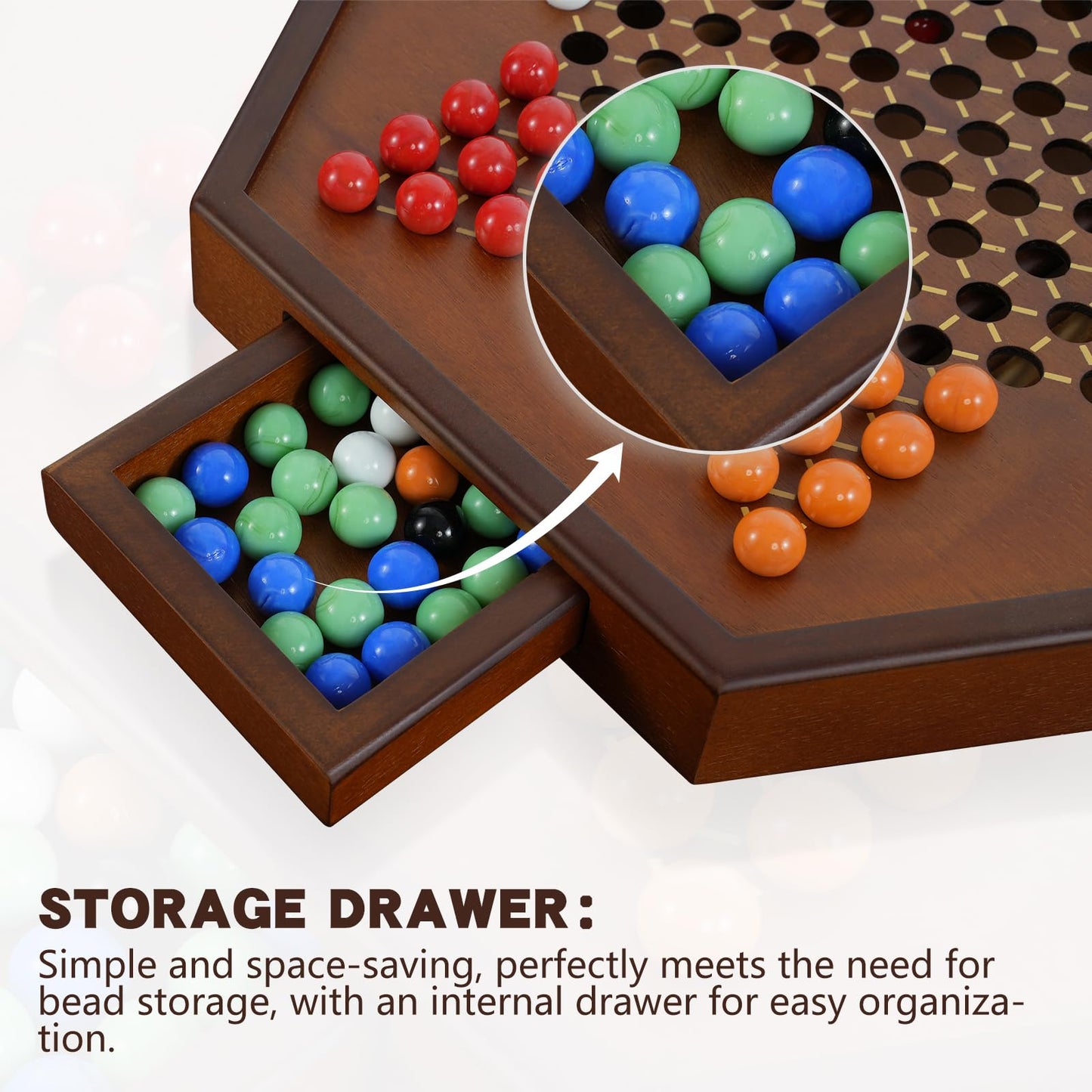 DecoWoodo 15 Large Upgraded Wooden Chinese Checkers Game Board - enhanced 16mm Glass Marbles (60 + 12 Extras)  Easy Grip  Storage Drawer  Ideal Multi-Player Puzzle Game for 2-6 Players