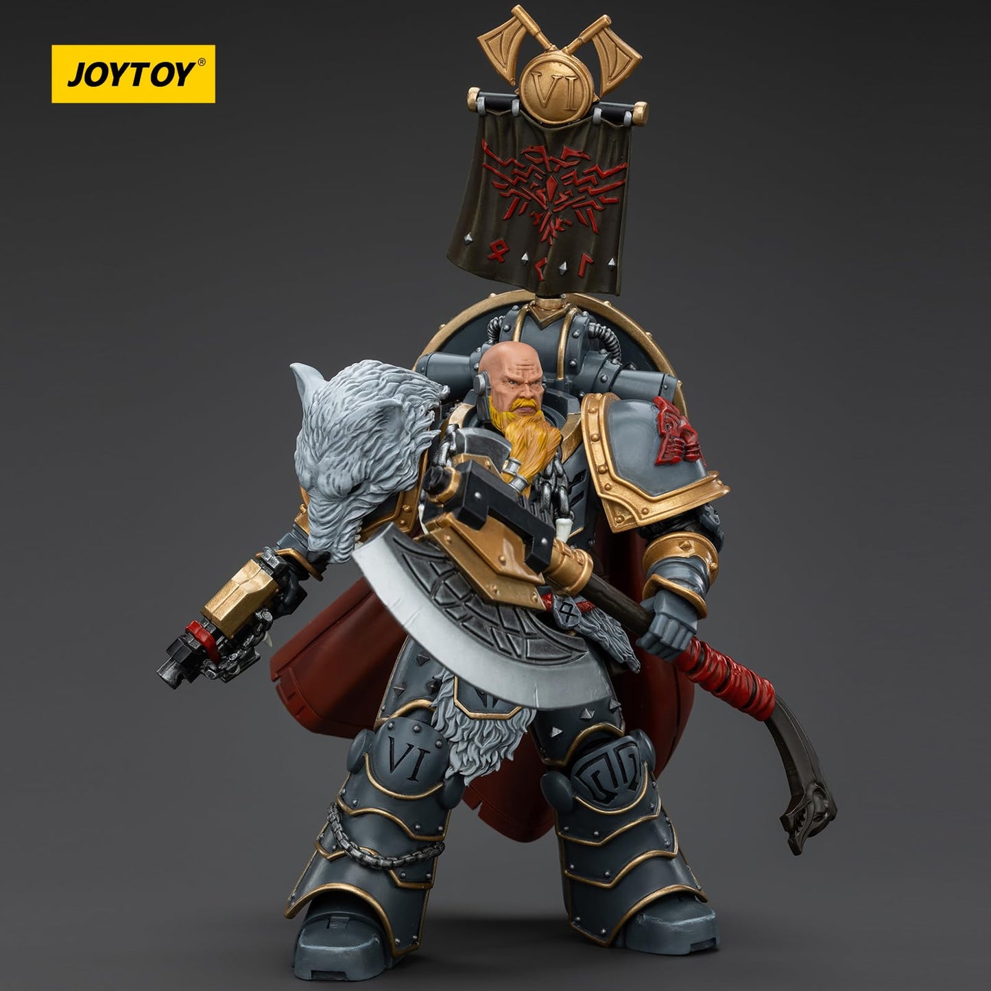 JOYTOY Warhammer 40k Space Wolves Action Figure, 1/18 Scale, Praetor with Power Axe & Shield, Mssus-00133-241226, ABS Material