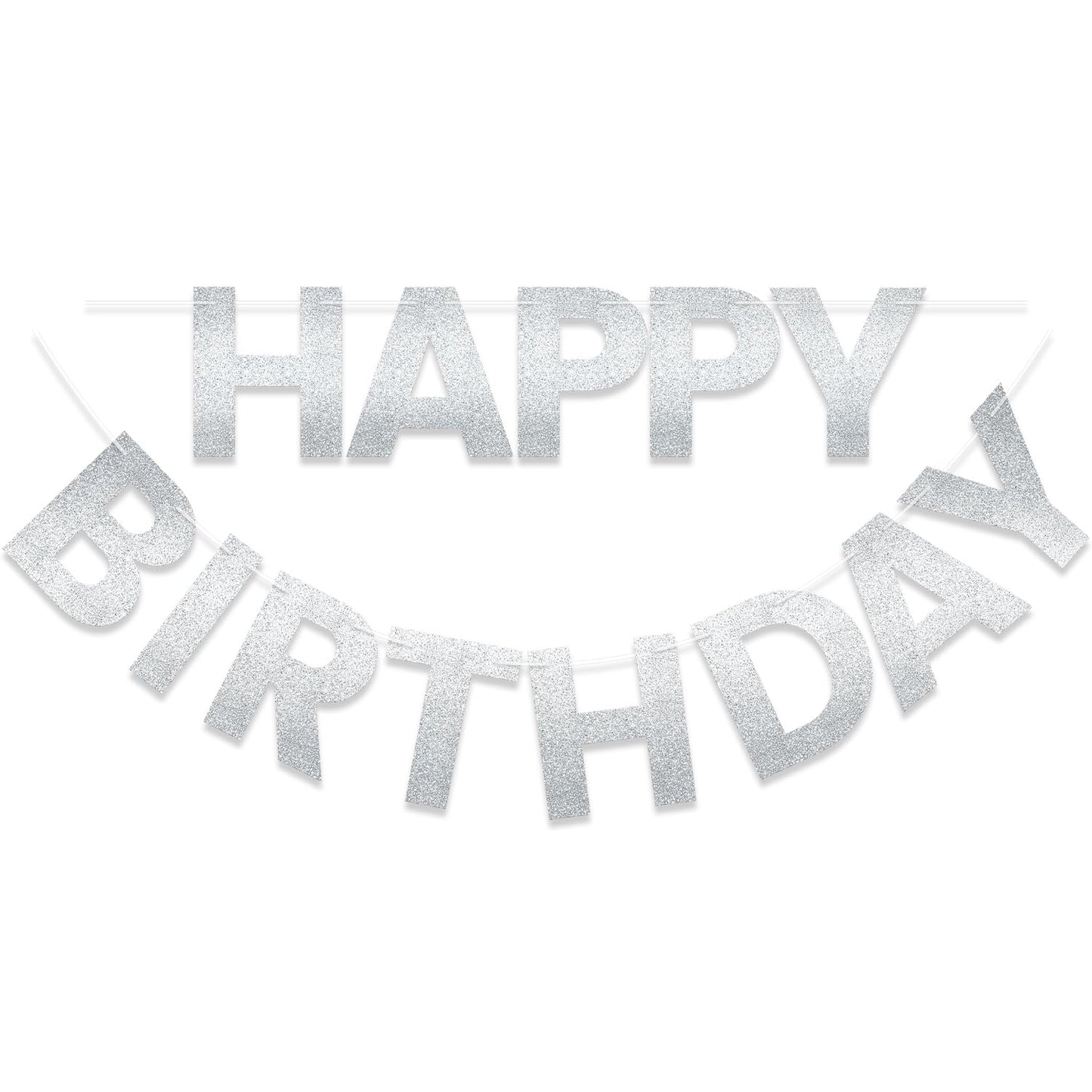 Litaus, Silver Glitter Happy Birthday Banner - Pre-Strung, 9 Ft, No Diy | Birthday Decorations | Happy Birthday Sign For Birthda