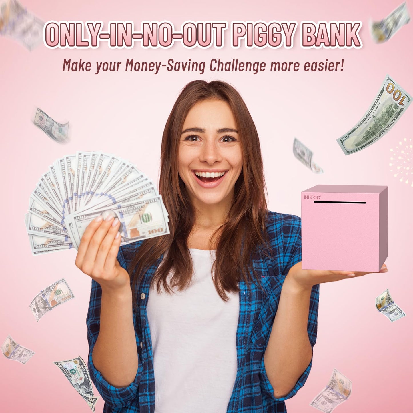 Hizgo Adults Pink Piggy Bank, Stainless Steel Piggy Bank For Adults/Kids Must Break To Open, Unopenable Money Saving Box(4.72-Inch, Pink)