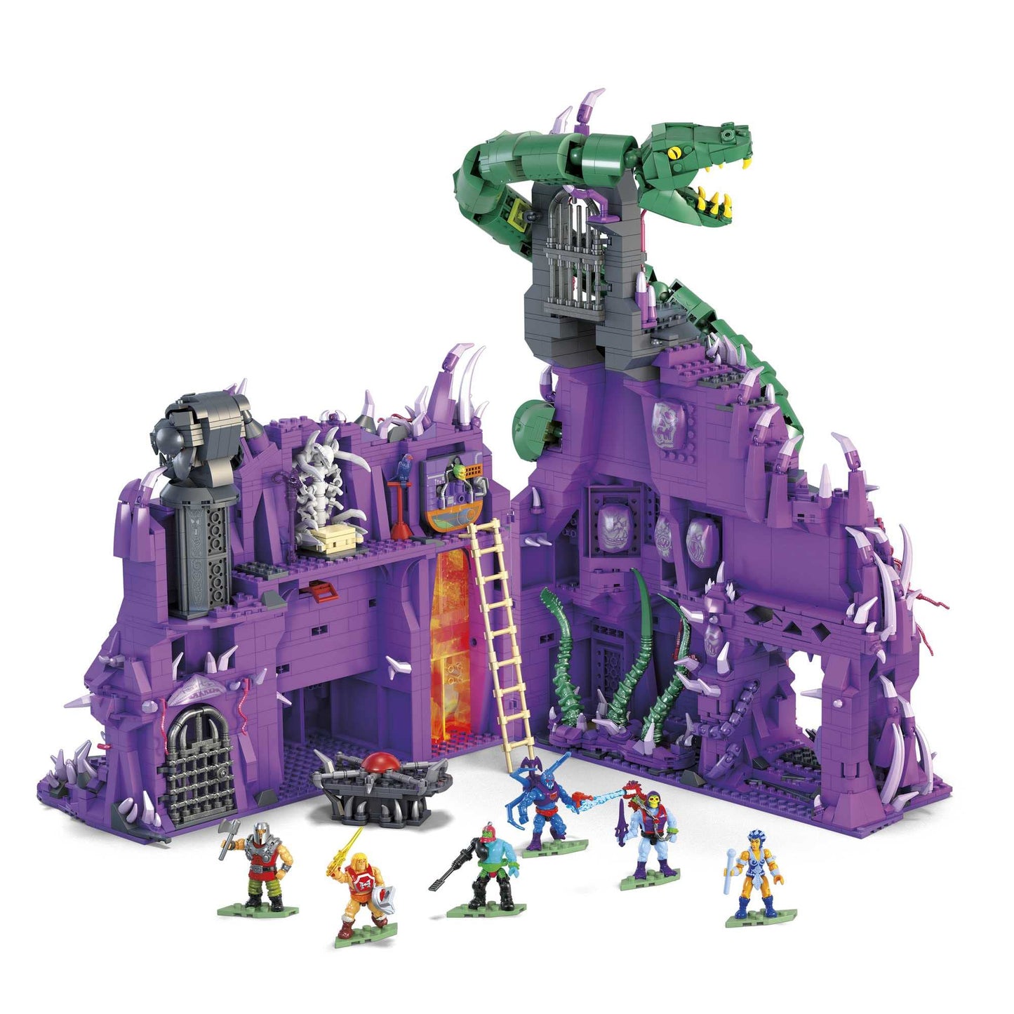 Mega Masters of The Universe Building Toys Set - Snake Mountain, 3802 Pieces, 24" Wide, 6 Micro Action Figures, Multicolor, Model HHD16