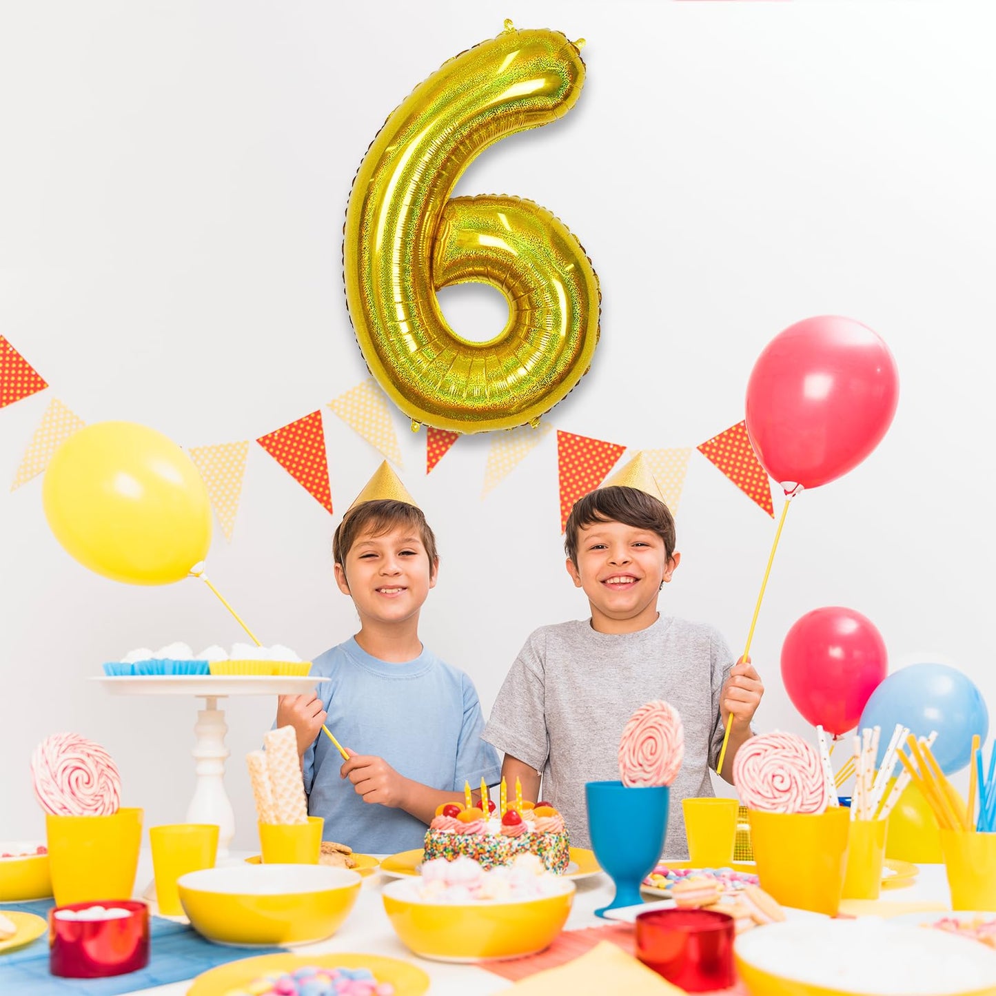 6 Year Old Birthday Balloons For Kids, Laser Gold Self Inflating Giant Mylar Number 6 Balloons, Foil Iridescent Globos Dorados 4