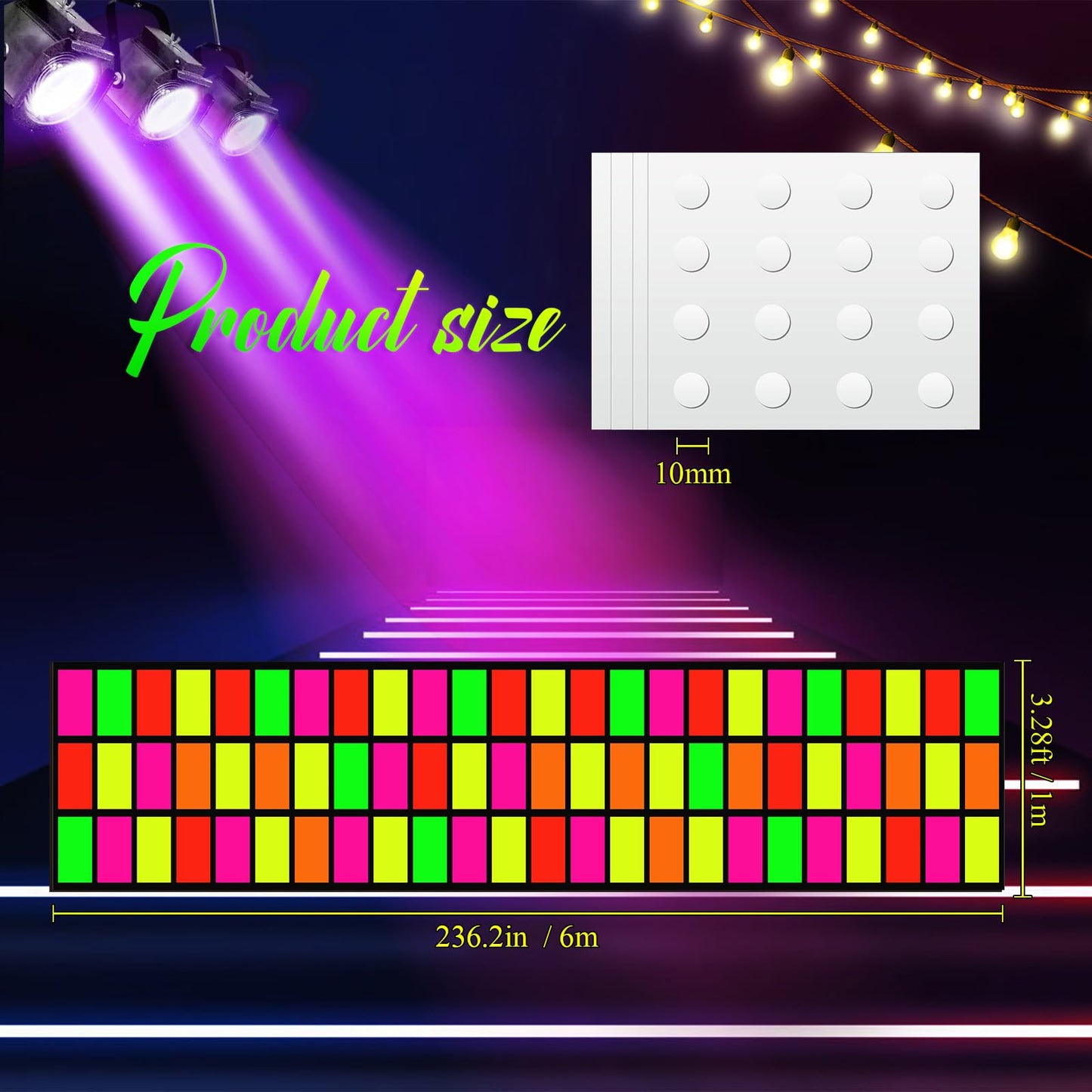 Haull 236 x 39 Inch Neon Light up Dance Floor Aisle Runner Glow in The Dark Blacklight Neon Party Decorations UV Reactive Fluore