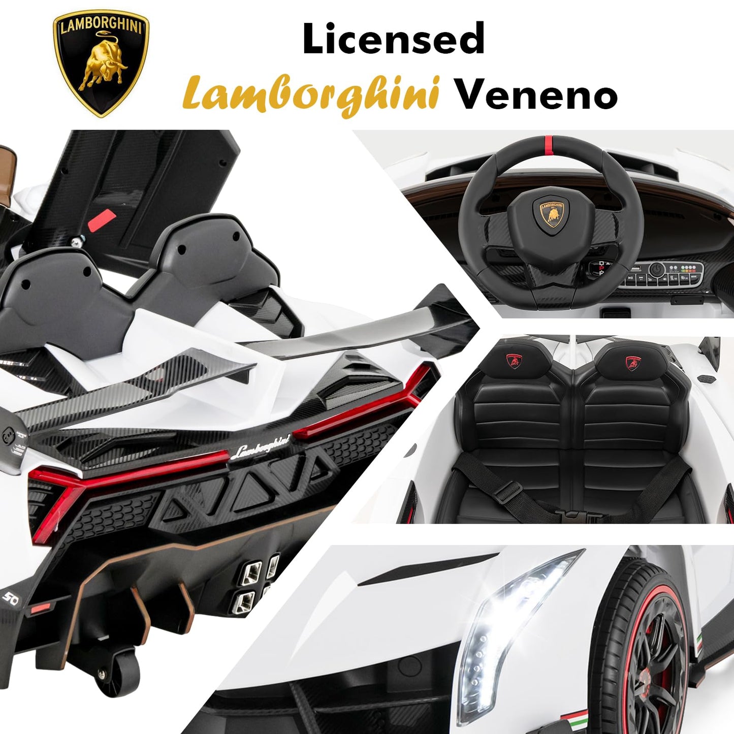 OLAKIDS 2 Seater Kids Ride On Car  12V 4WD Licensed Lamborghini Veneno Electric Vehicle with Remote Control  Toddlers Battery Powered Toy Gift with 2 Speeds  Rocking Mode  Music  USB  MP3 (Beige)