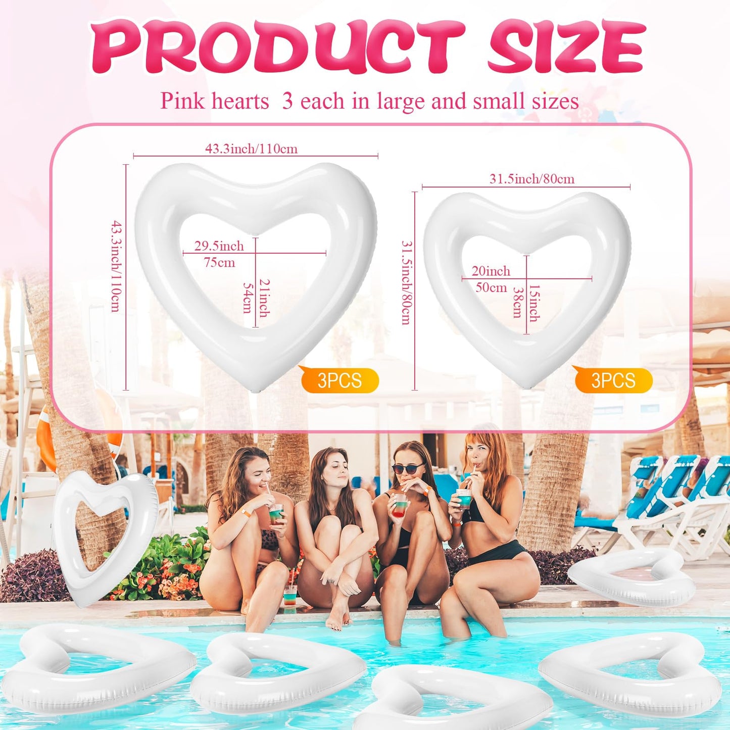 Lenwen 6 Pack Inflatable Heart Pool Float 43''/ 31'' Blow Up Heart Shaped Swimming Tube For Valentines Wedding Bachelorette Brid