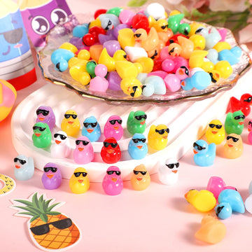 100Pcs Mini Resin Ducks, Tiny Colorful Miniature Duck With Sunglasses Micro Figures Toy For Decor Diy Dollhouse Party Birthday Ornament Landscape Aquarium Garden Potted Plant Decoration (10 Colors)