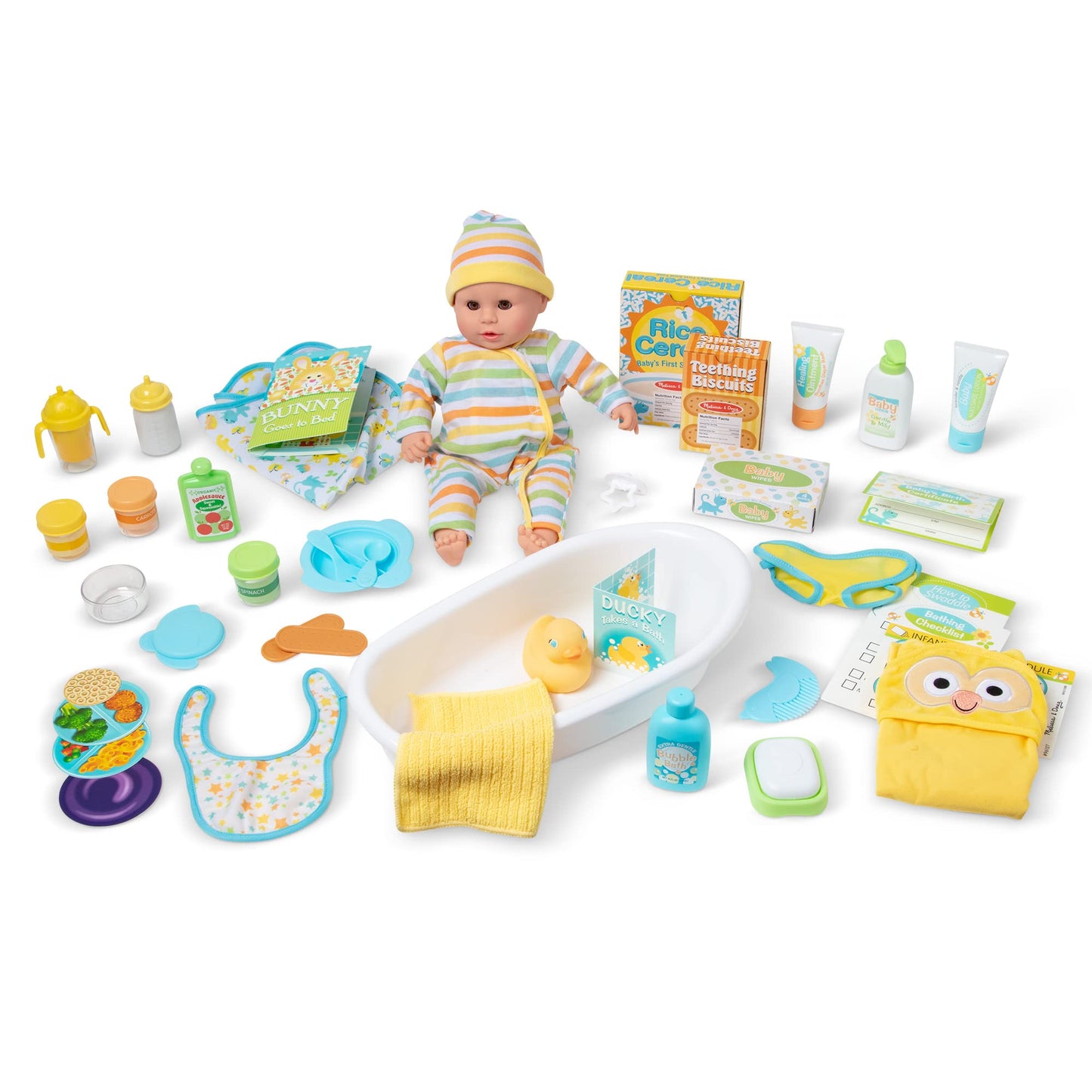 Melissa & Doug Mine To Love Deluxe Baby Care Play Set (48 Pieces – Doll + Accessories To Feed, Bathe, Change, And Cuddle)