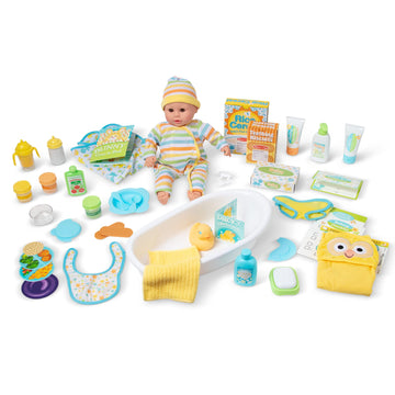 Melissa & Doug Mine To Love Deluxe Baby Care Play Set (48 Pieces – Doll + Accessories To Feed, Bathe, Change, And Cuddle)