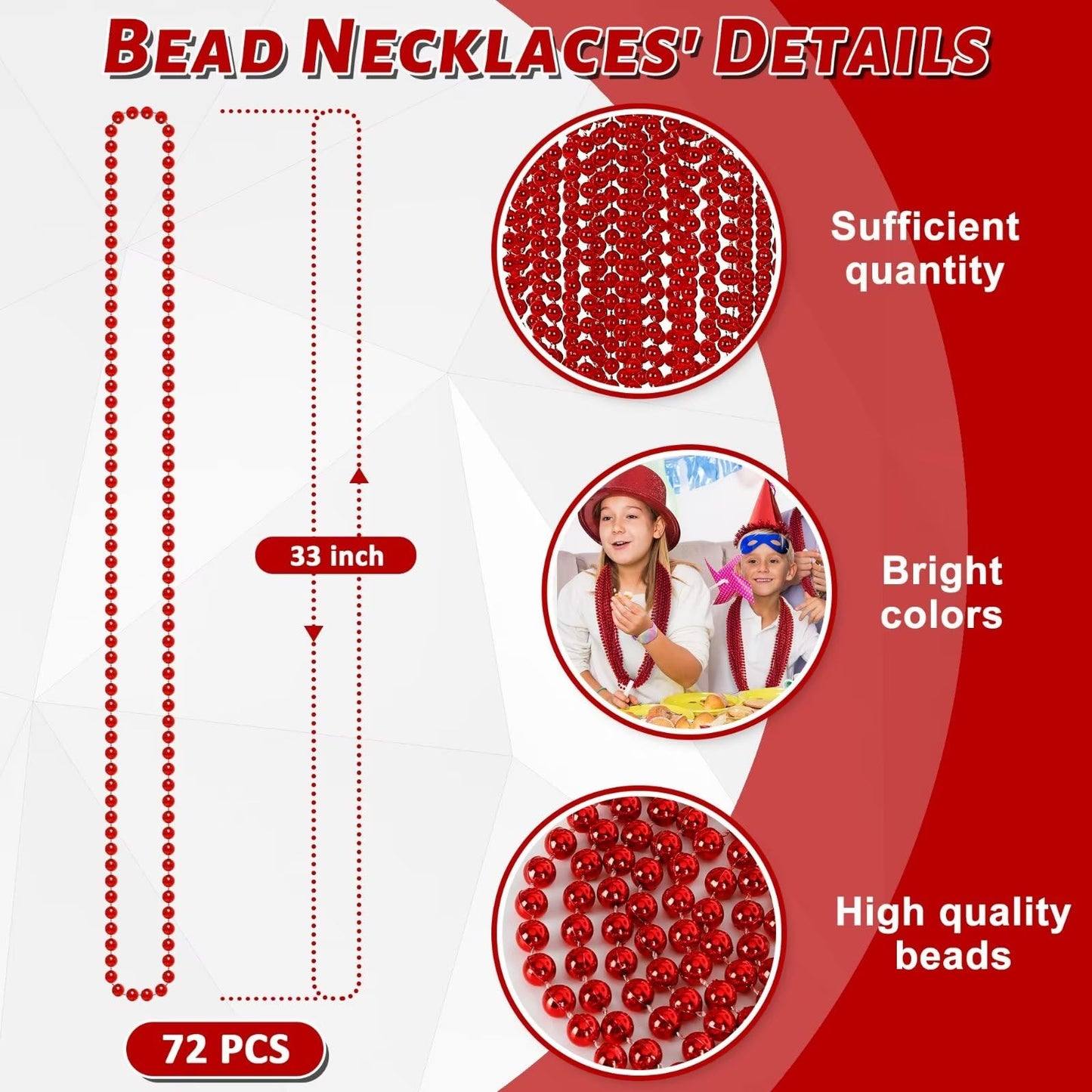 EOBOH 72PCS Bead Necklace, Red Christmas Bead Stuff Party Favors, 33'' Necklaces Festival Parade Throw Accessories for Wedding B
