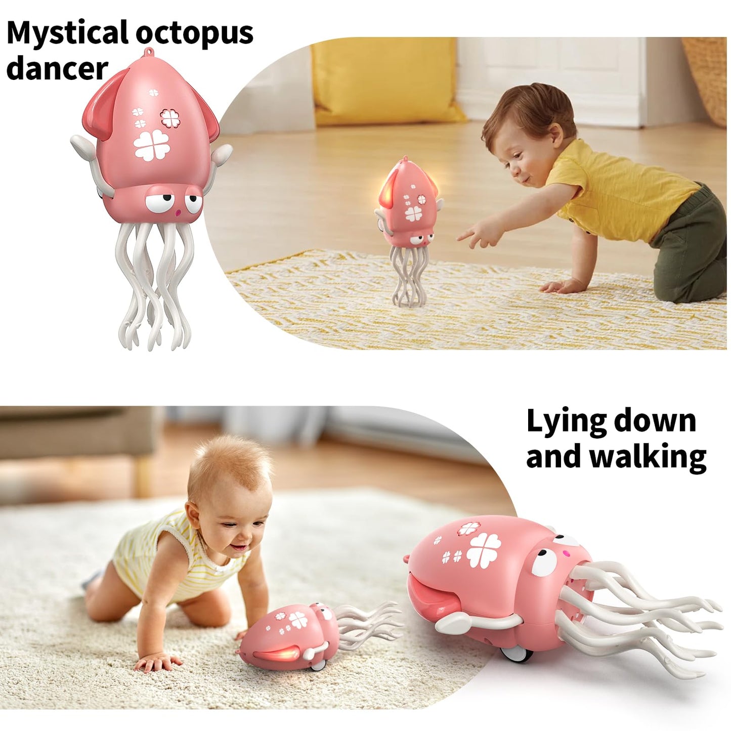 SWTOIPIG Electric Dancing Octopus Toy with Led Light and Music  Kids Electric Crawling Octopus Tummy Time Toys  Rechargeable Interactive Sensory Toys for Christmas Birthday Gift (Pink)