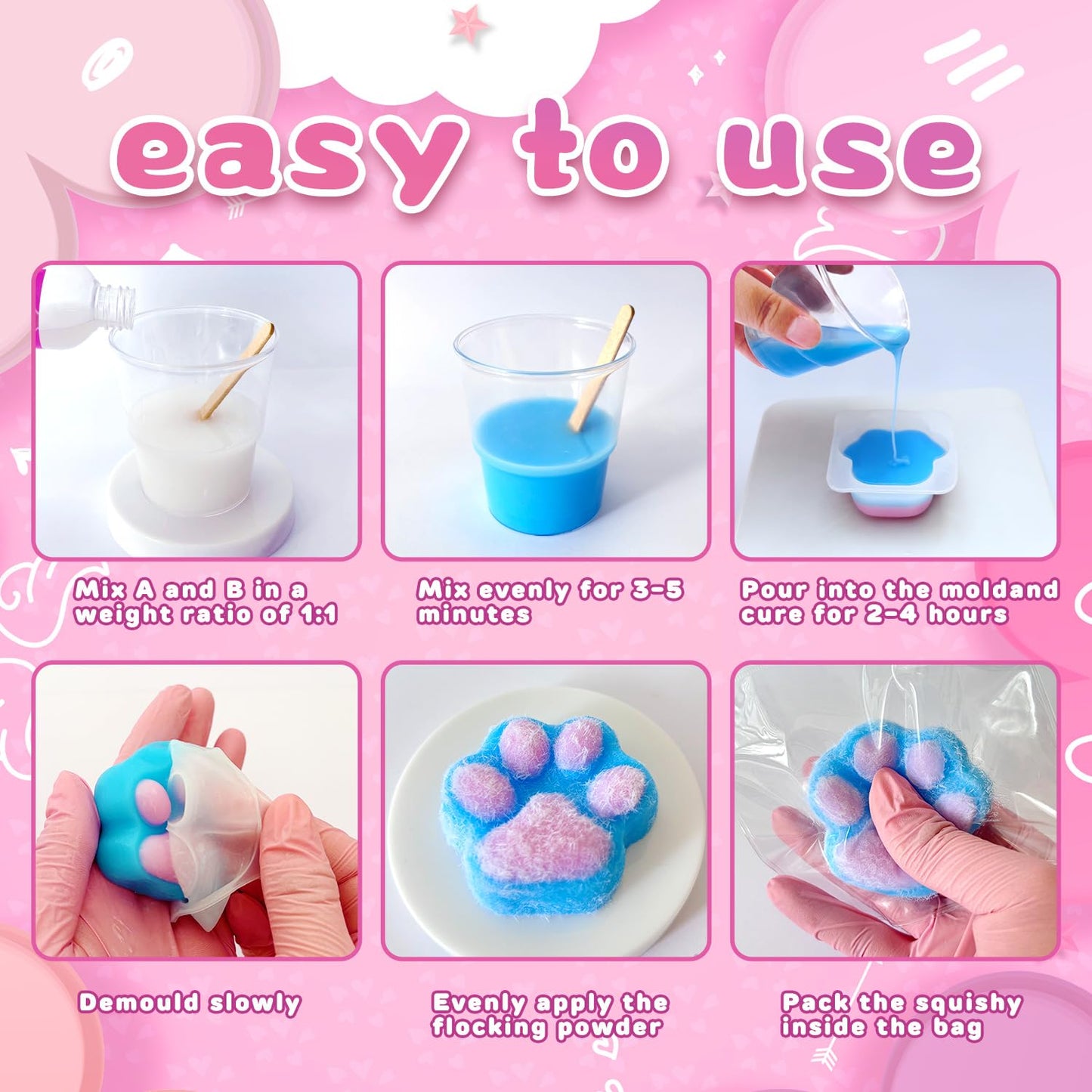 HOOLYUK Taba Squishy Kit  DIY Squishy Making Kit 1:1 AB Liquid Silicone  FuFu Squishy Kit with Mold  Flocking Powder - Stress Relief Entertainment Gifts for Any Occasion