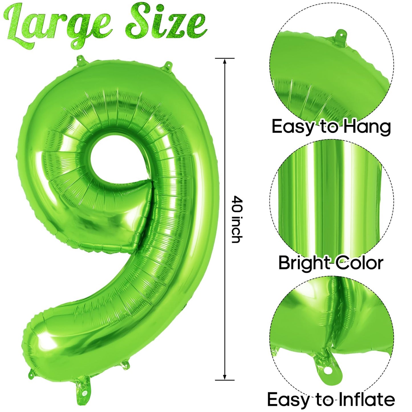 Green Number 9 Balloon 40 Inch, Big Large Foil Helium Number Balloons, Jumbo Giant Mylar Number 9 Balloons For 9 Year Old Birthd
