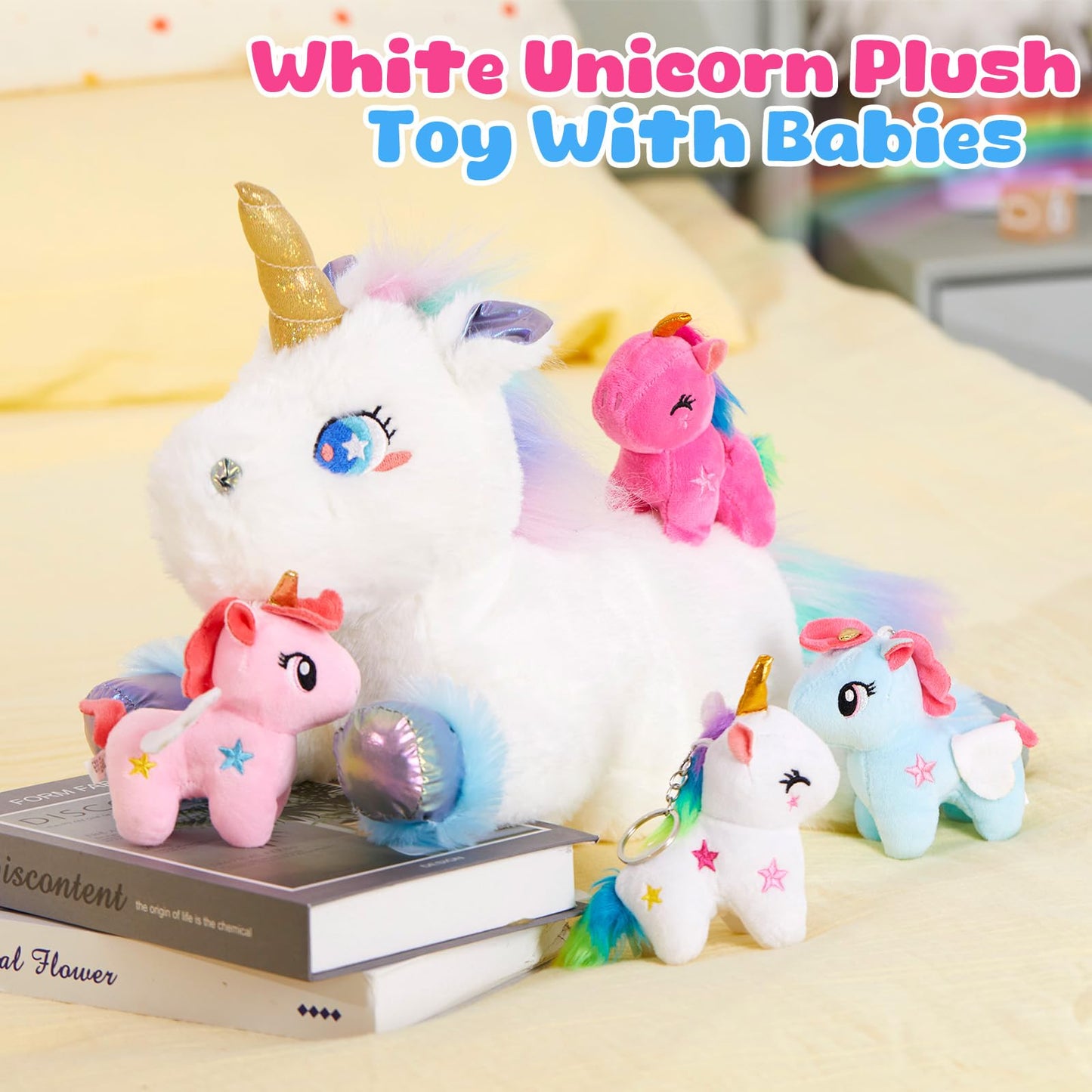 WEWILL 19" Rainbow Unicorn Stuffed Animal Set - Mommy Unicorn with 4 Babies, Plush Polyester Toys for Girls Ages 3-8, Perfect for Gifts