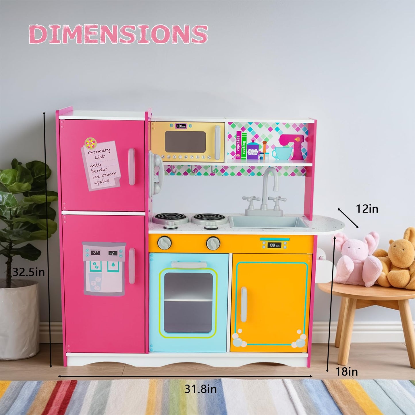 WoodenEdu Kitchen Playset for Kids Ages 3-8, Wooden Pretend Play Kitchen, Including Telephone, Ice Maker, Refrigerator, Dimensio