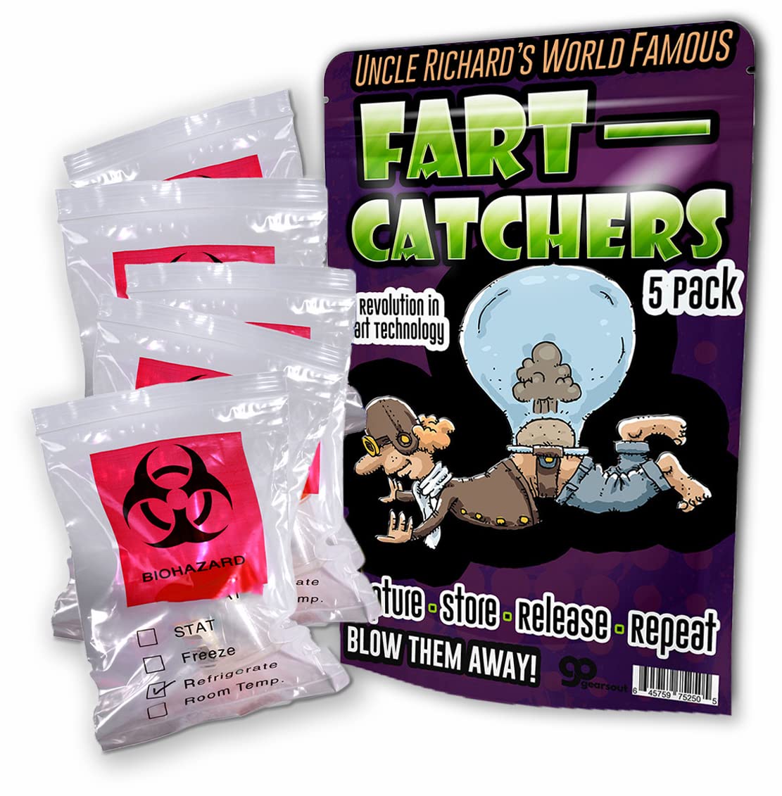 Gears Out Fart Catchers – 5 Pack – Funny Gag Gifts For Men – Silly Gifts – Biohazard Bags – Gifts For Teens – Silly Stocking Stuffers - Funny Butt Gifts