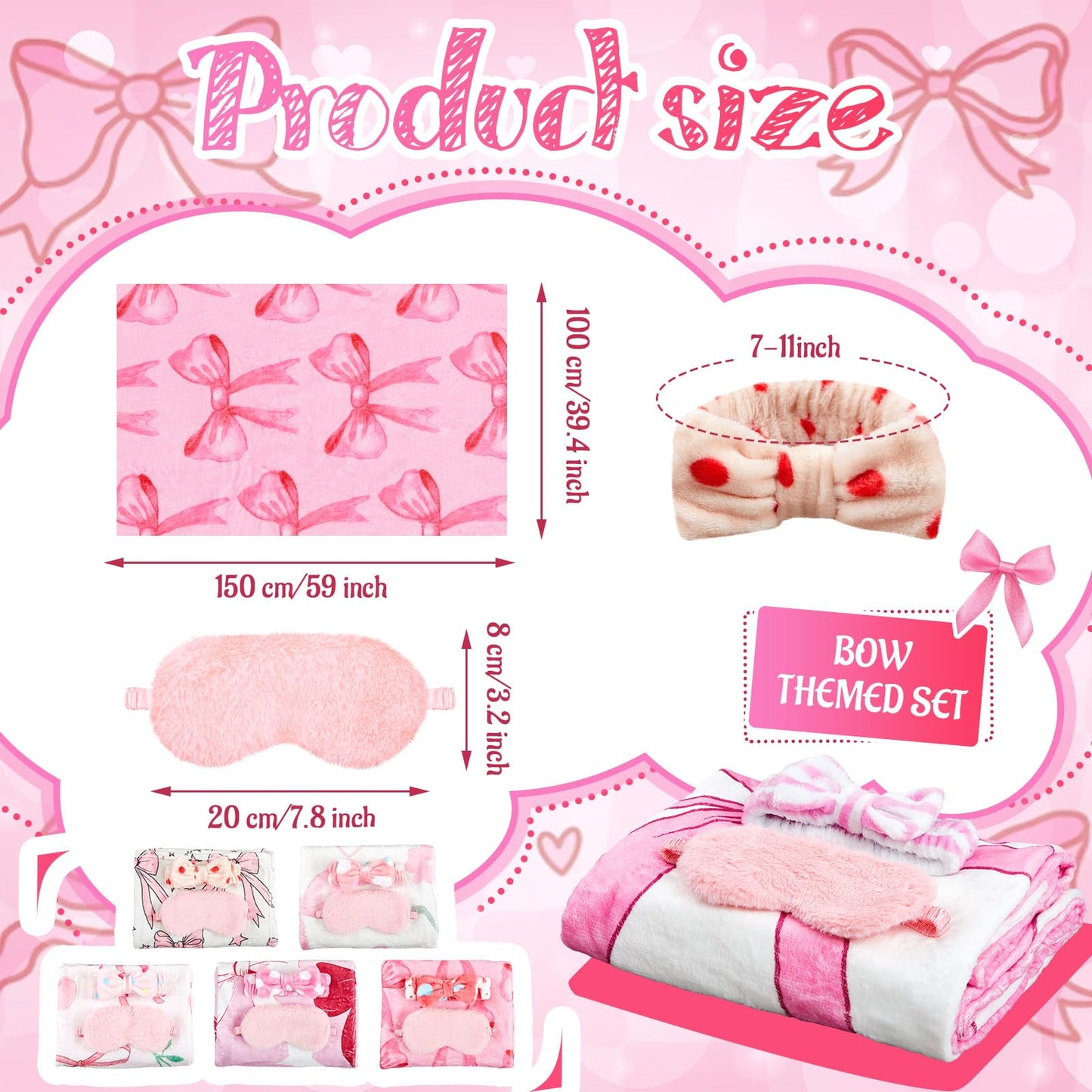 Fanfanwin 18 Pcs Sleepover Party Supplies for Girls, 6 Style Cute Pink Bow Blanket 6 Coral Fleece Spa Headband 6 Plush Pink Eye