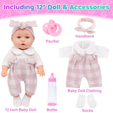 Ecore Fun 12 Inch Baby Doll and Clothes Accessories Playset - 6 Pcs 12 Doll with Pink Romper Outfit  Headband  Socks  Pacifier  Bottle | Gift Ready in Box
