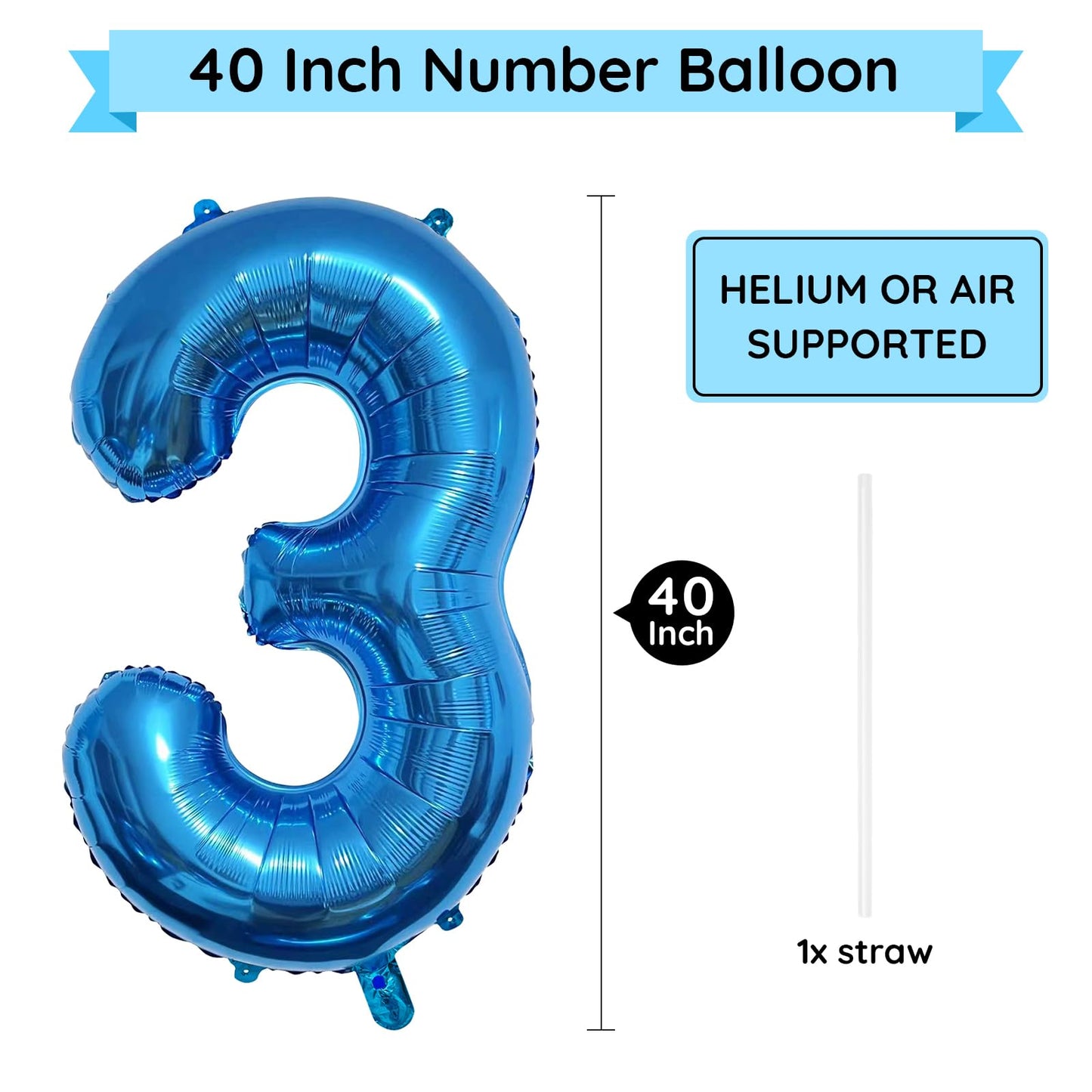 Paticool 40 Inch Blue Number Balloon 3, Large Number Foil Balloons Mylar For Girl Boy Birthday Party Celebration Decorations Sup