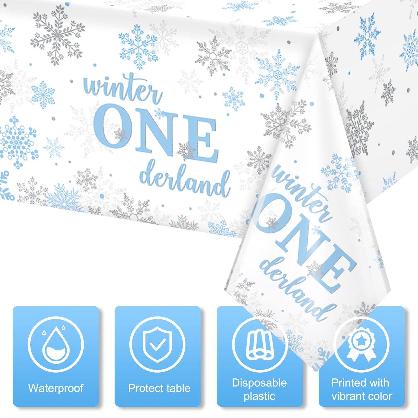 3Pcs Christmas Winter Onederland 1st Birthday Tablecloth Disposable Blue and Silver Snowflake Plastic Table Cloths for Winter On