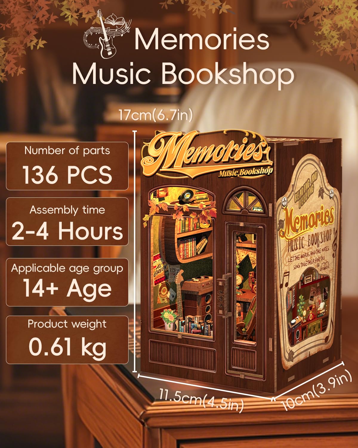 CUTEBEE Book Nook Kit - DIY Miniature House Dollhouse Kit for mature-themed and Teens  Booknook Bookshelf Decor Alley Model Build with LED Light  Gifts for Family and Friends (Memories Music Bookshop)