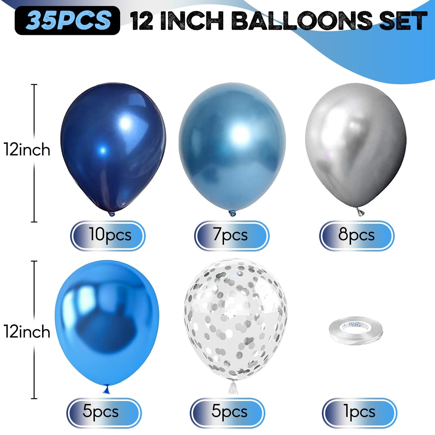 Blue Silver Balloons Set, 12 Inch Blue And Silver Balloons Dark Blue Party Balloons Metallic Blue Silver Latex Balloons Baby Blu