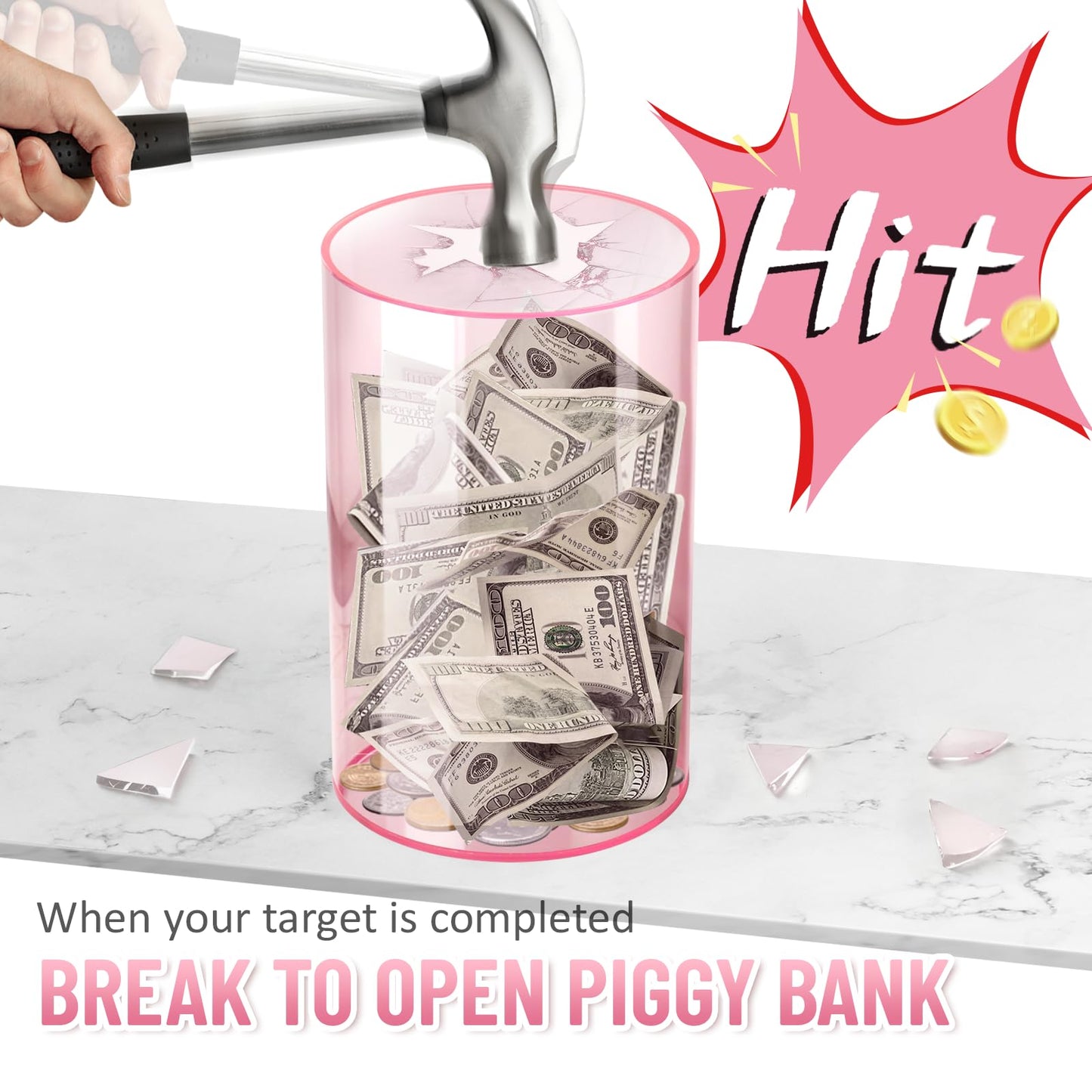 Hizgo Clear Pink Piggy Bank For Adults And Kids, Unopenable Acrylic Savings Jar, Must Break To Open, Medium Size (8' H X 5' Diameter)
