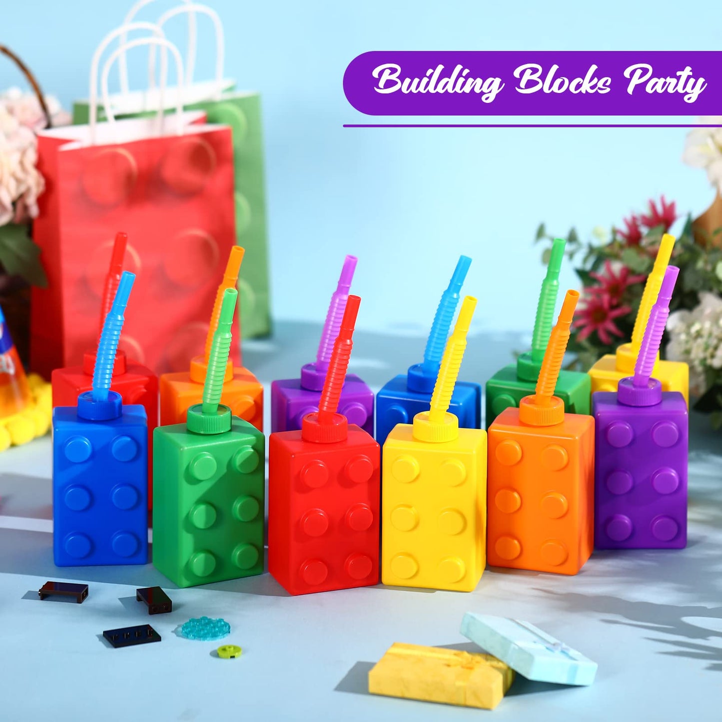Sawysine 12 Set Building Blocks Cups 10 oz Blocks Reusable Party Favors Cup Plastic Colored Brick Drinking with Lids and Straws