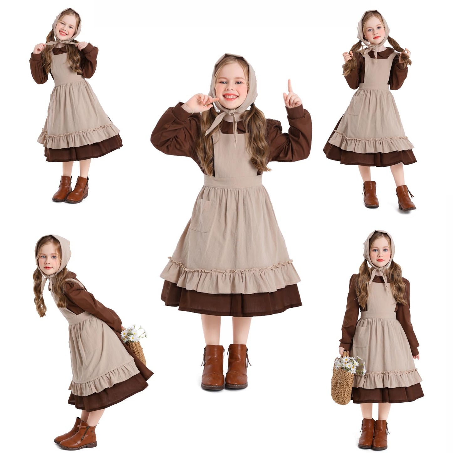 Aimeiar Pioneer Girl Costume Colonial Prairie Dress With Scarf, Dress, Apron Coffee (3T-4Yrs)