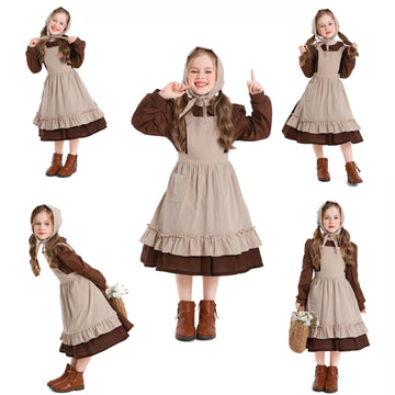 Aimeiar Pioneer Girl Costume Colonial Prairie Dress With Scarf, Dress, Apron Coffee (3T-4Yrs)
