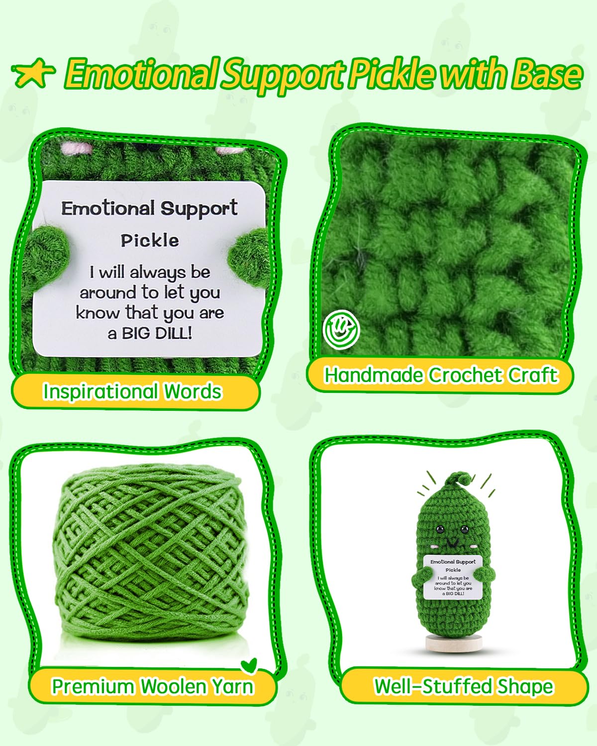 Jelutar Mini Funny Positive Potato, 3 Inch Knitted Doll With Positive Card For Cheer Up Gifts And Party Decorations, Cute Positive Potato Crochet Doll For Birthday Gifts (Pickle With Base)