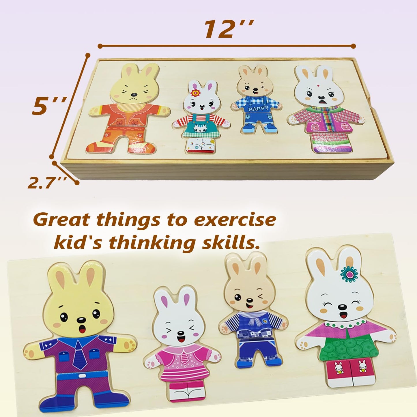 Lilybeauty Wooden Bunny Family Dress-Up Puzzle Box For Toddlers(72Pcs),Change Clothes Puzzle Games, Preschool Learning Activitie
