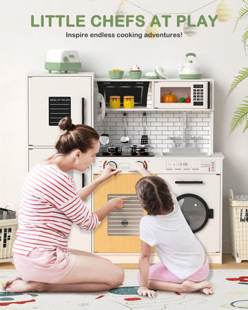 Babytronic Wooden Kitchen Playset for Kids, Interactive Toy Kitchen with Lights & Sounds, White, Ages 3+, Includes Oven & Microwave