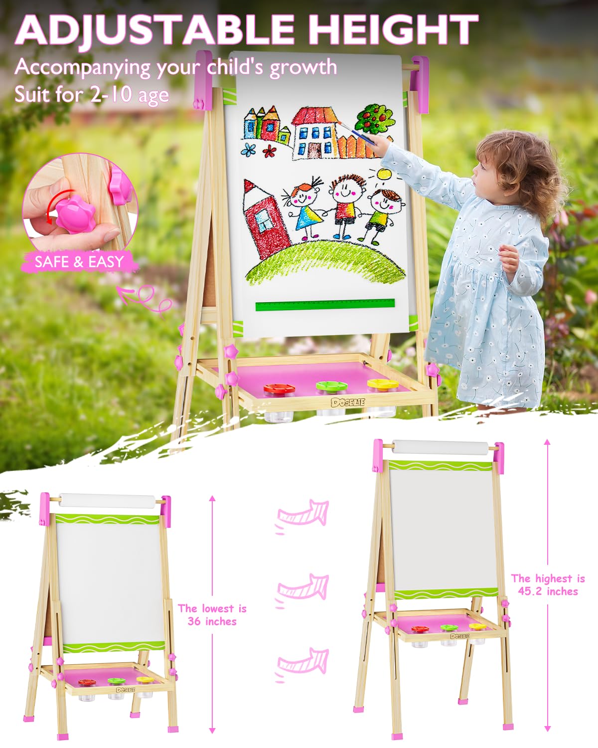 Easel for Kids,Toddler Art Easels for Painting, Stand Kids Easel White Board Dry Erase,Height Adjustable Double-Sided Magnetic W