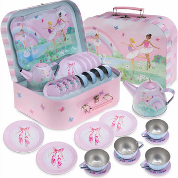 Jewelkeeper Tea Set for Little Girls - 15-Piece Tin Tea Party Set, Ballerina Design - Safe and Durable Toy Kids Tea Set with Car