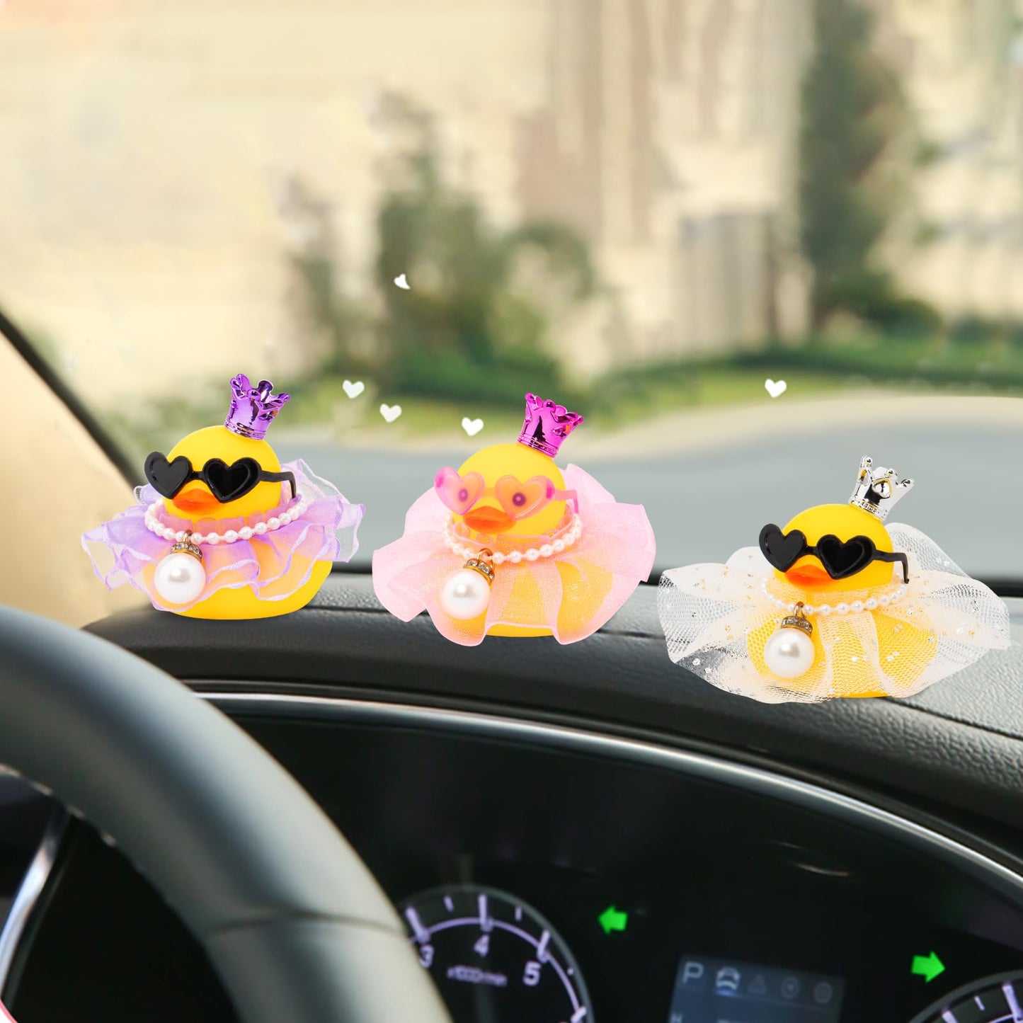 wonuu Rubber Duck Car Dashboard Decoration  Duck Car Ornament Cute Car Accessories with Mini Crown Dress Pearl Necklace Glasses  White Starry Skirt