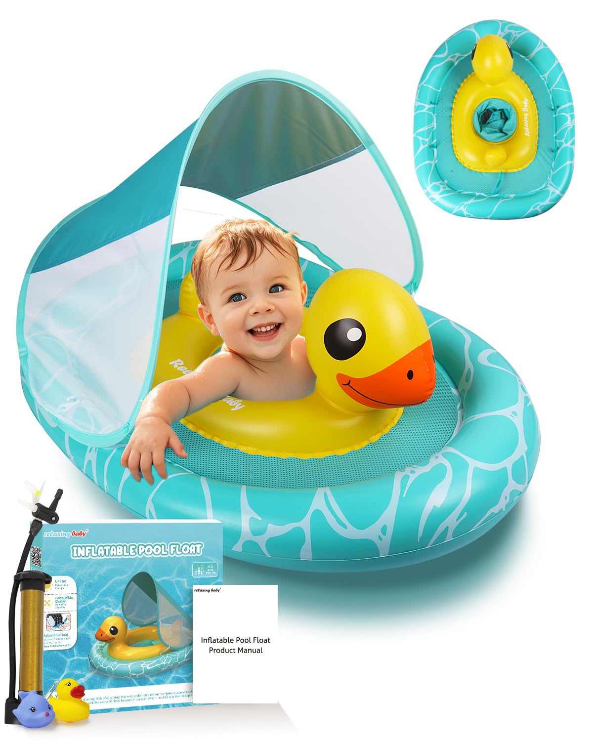 Relaxing Baby - Double Baby Pool Float With Adjustable Safety Seat,Canopy Upf 50+ Sun Removable,Inflatable Animal Style Float,Swimming Float With Pool Toys For 6-36 Months
