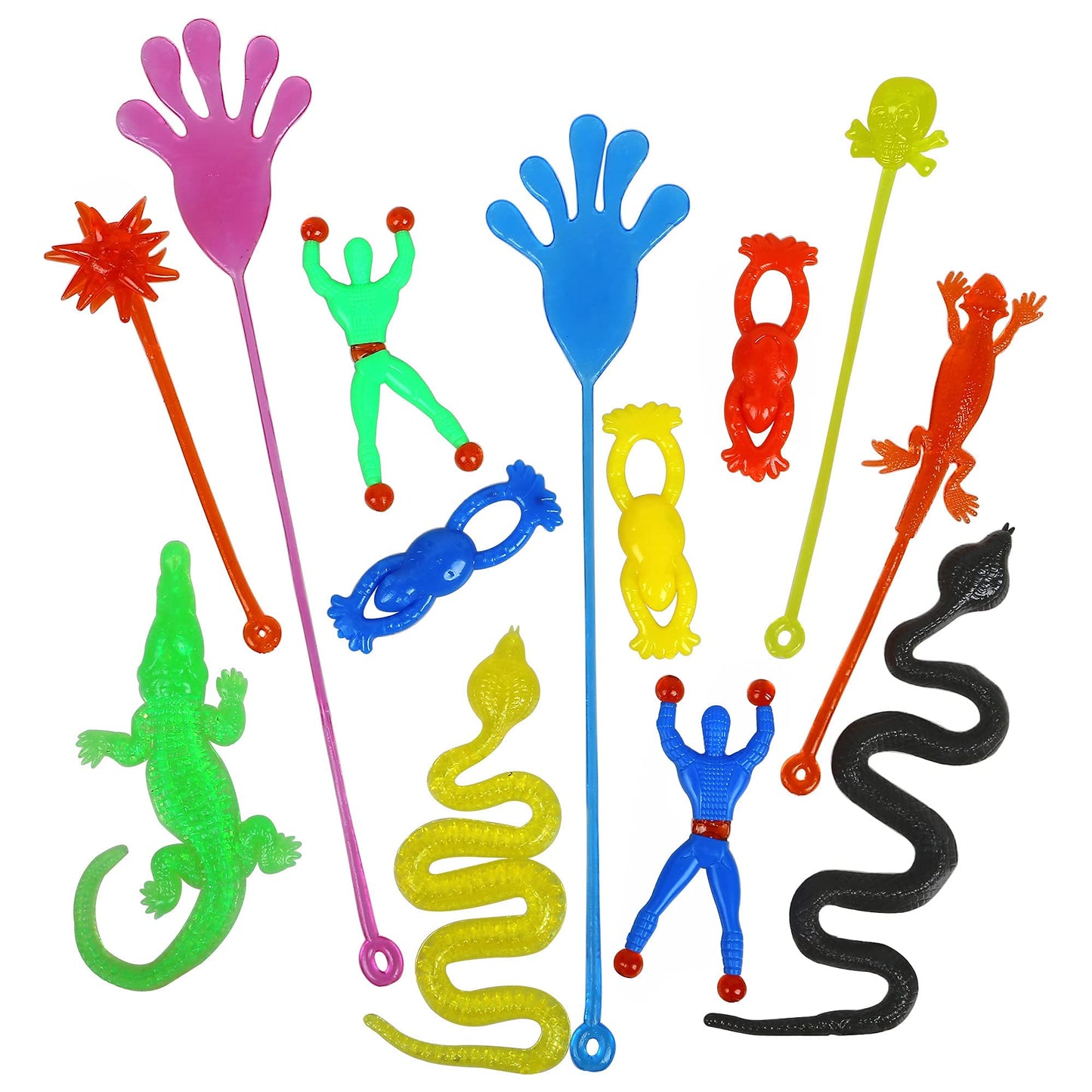 PORAFUK 46 Pieces Vinyl Stretchy Sticky Toys Assorted Novelty Large Sticky Hands  Hammer  Lizards  Skull and Flying Frog for Children Kids Party Favors  Birthdays
