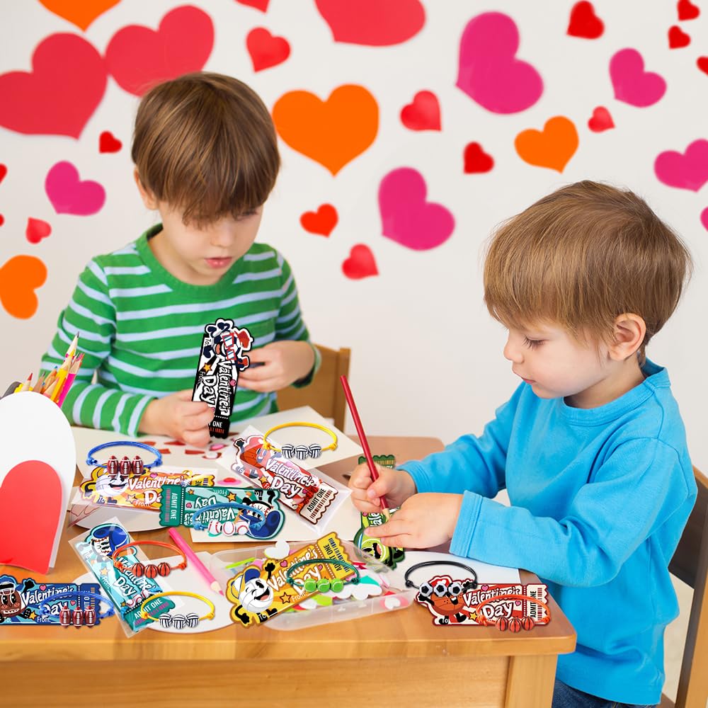 DIYDEC 30Pcs Valentines Sports Bracelets with Cards 6 Styles Soccer Basketball Bracelets for Kids Valentines Party Favors Sports