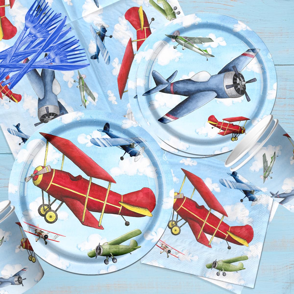 142Pcs Airplane Birthday Party Decorations Airplane Party Tableware Supplies Airplane Blue Sky White Disposable Plates,Tableclot