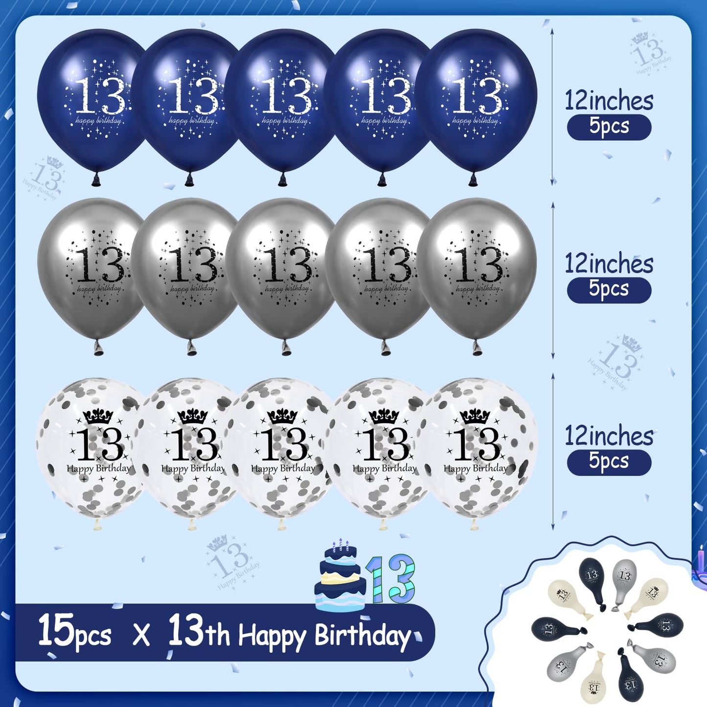 13Th Birthday Balloons, 15 Pcs Navy Blue Silver 13Th Birthday Balloons For Boys Girls Blue Happy 13Th Birthday Party Decorations Balloons Decor 12 Inches