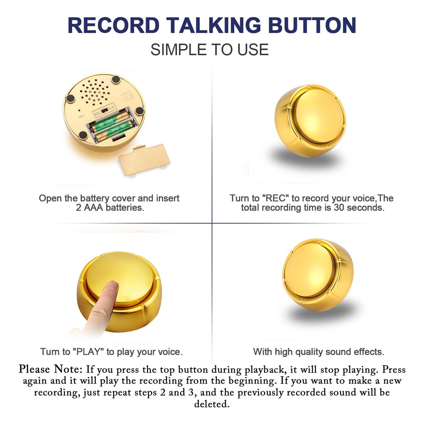 Gold Recordable Button  Easy Button to Record  30 Second Talk Button  Dog Communication Button  Golden Buzzer