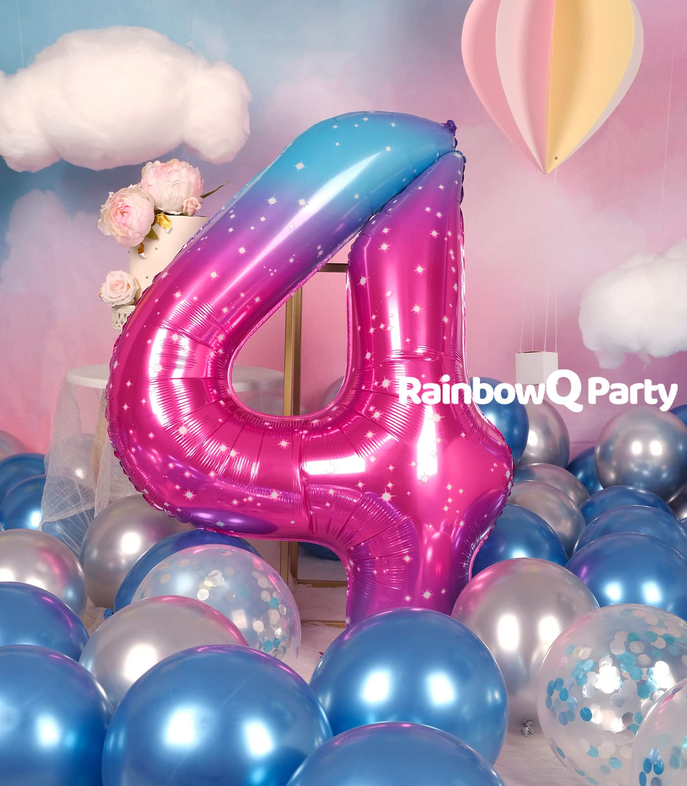 Rainbowq 4 Balloon Number 40 Inch For Boy Or Girl Big Starry 0-9 Foil Mylar Large 4 Number Balloon Happy 4Th Birthday Party Anni