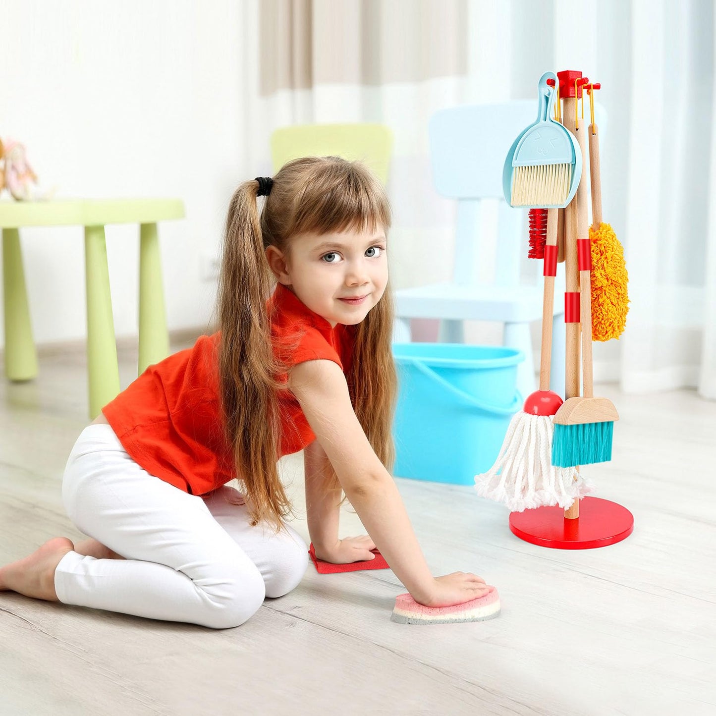 Whoholl Kid Cleaning Set, Wooden Toddler Broom Set For Housekeeping, 9 Pcs Kids Broom And Mop Set For Toddlers, Baby Cleaning To