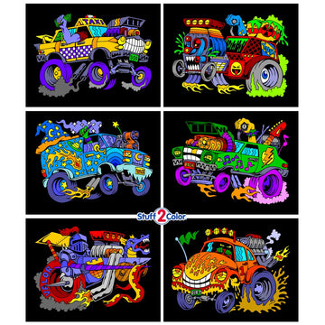 Stuff2Color Monster Cars Fuzzy Poster Coloring Poster 6-Pack (Coloring Fun for Boys and Toddlers) - Great for Quiet Time, Colori
